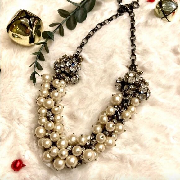 ♥️ Bib Necklace CZ Rhinestone Pearl, formal coquette PRICE FIRM, - Picture 7 of 12